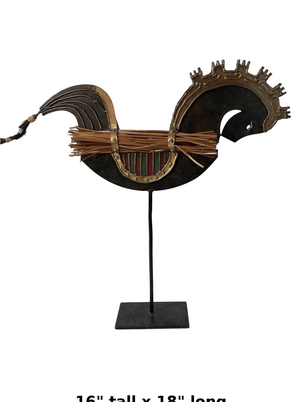 Pier 1 Black and Gold Folk Horse Table Sculpture with Brown Raffia